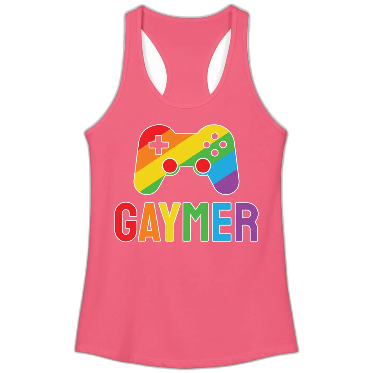 Rainbow gradient game controller with multicolored GAMER text below, featuring pride colors in diagonal stripes in Hot Pink