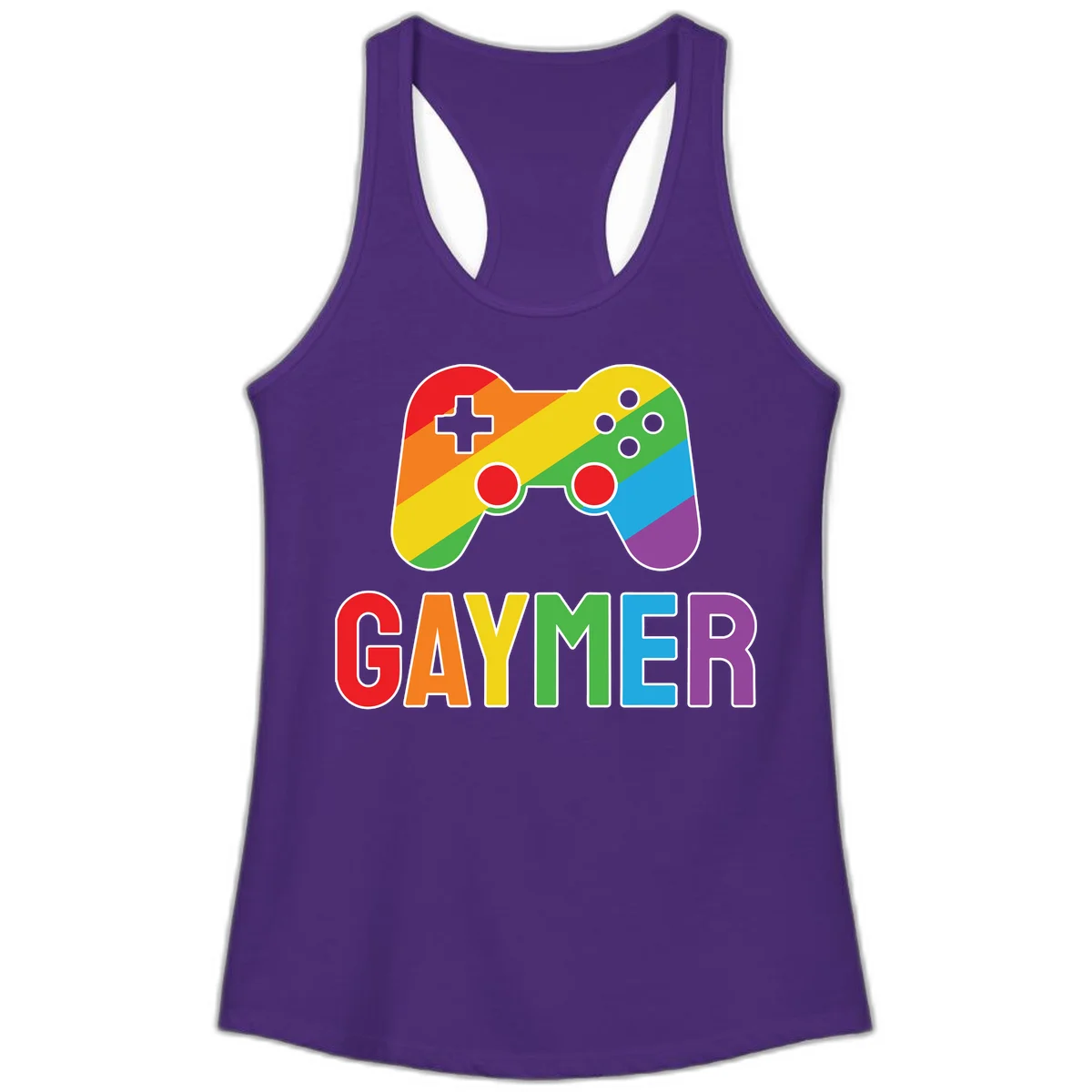 Rainbow gradient game controller with multicolored GAMER text below, featuring pride colors in diagonal stripes in Solid Purple Rush