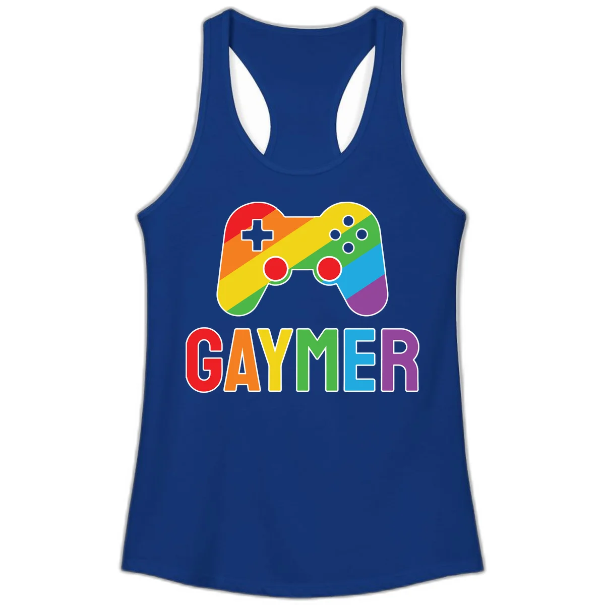 Rainbow gradient game controller with multicolored GAMER text below, featuring pride colors in diagonal stripes in Solid Royal