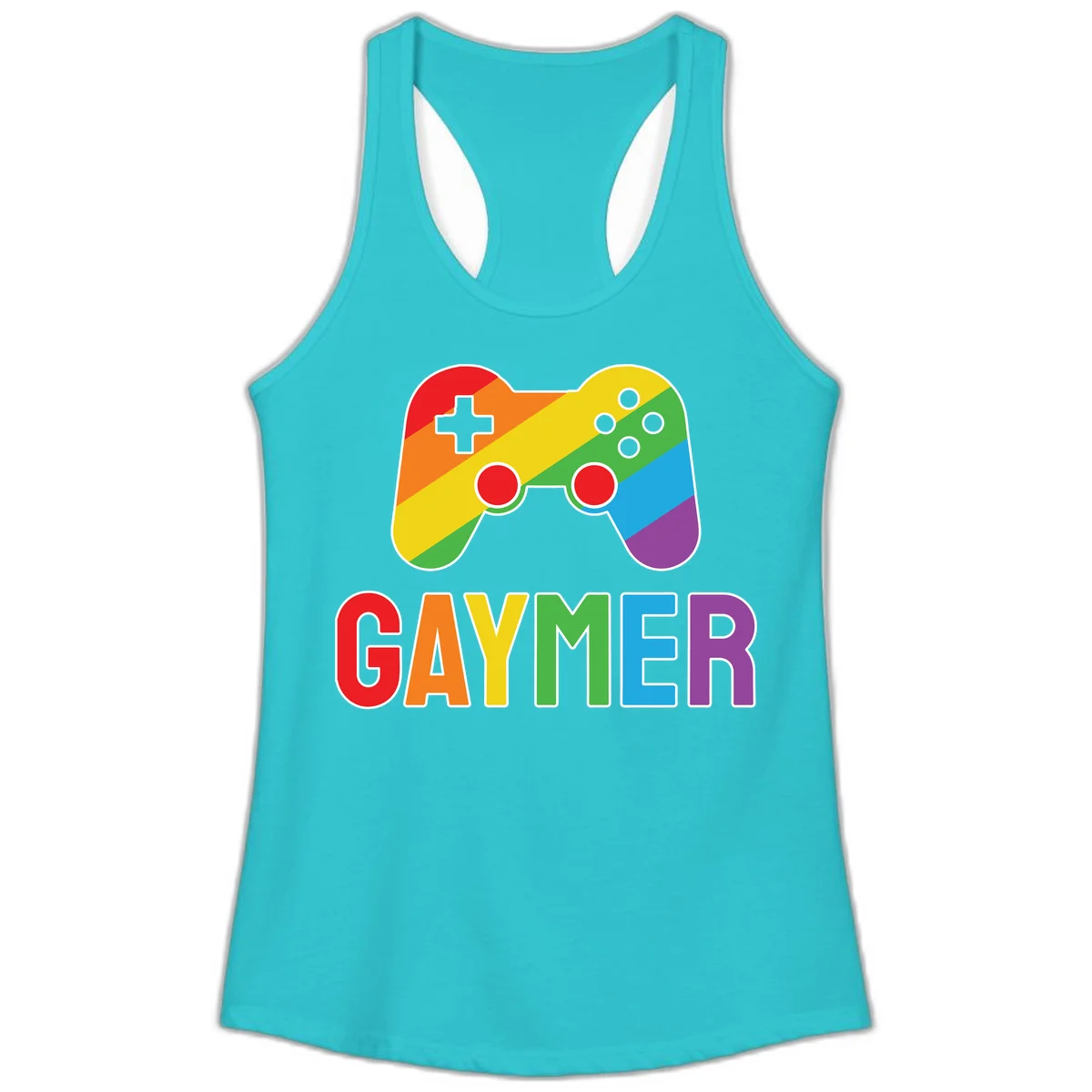 Rainbow gradient game controller with multicolored GAMER text below, featuring pride colors in diagonal stripes in Solid Tahiti Blue