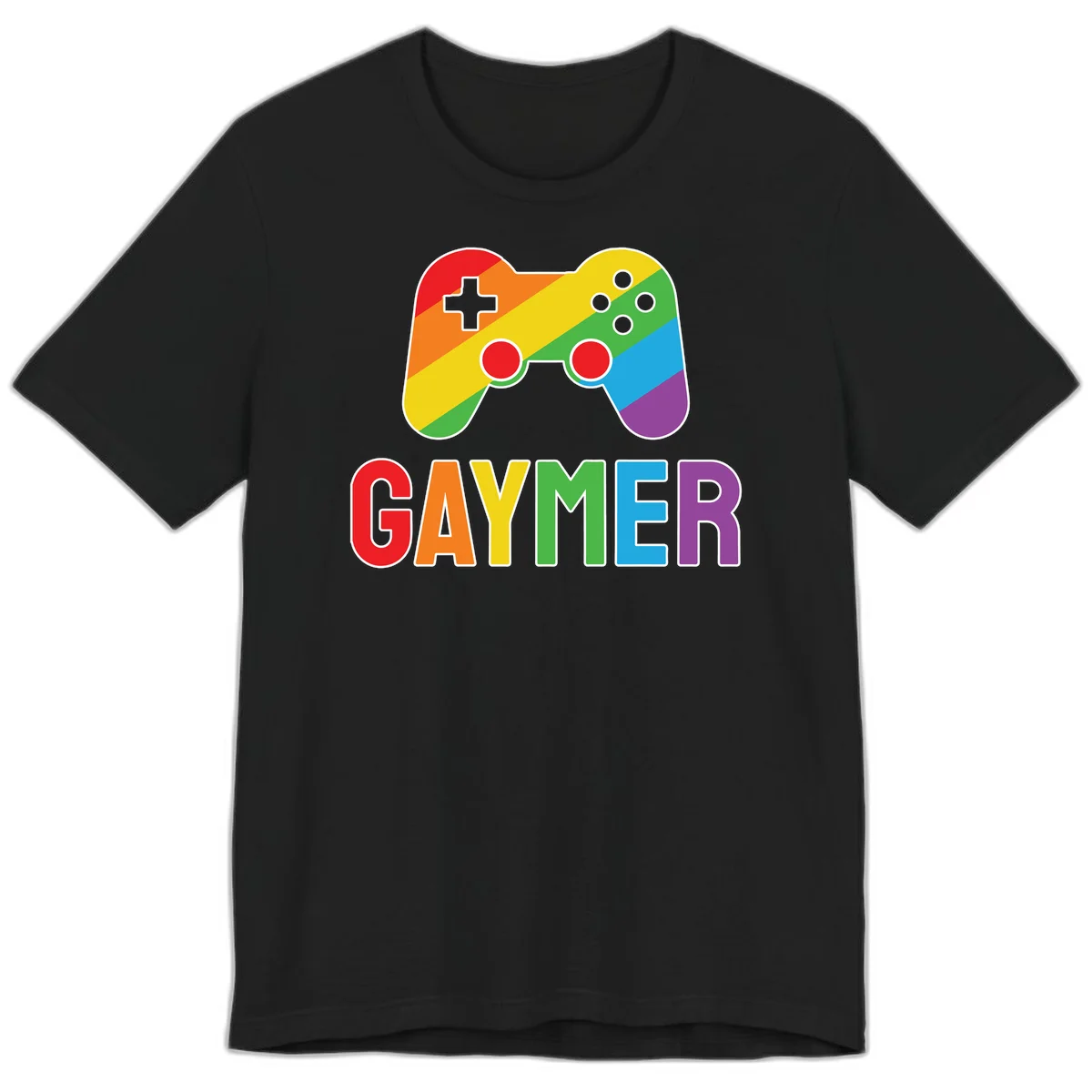 Rainbow gradient game controller with multicolored GAMER text below, featuring pride colors in diagonal stripes in Black