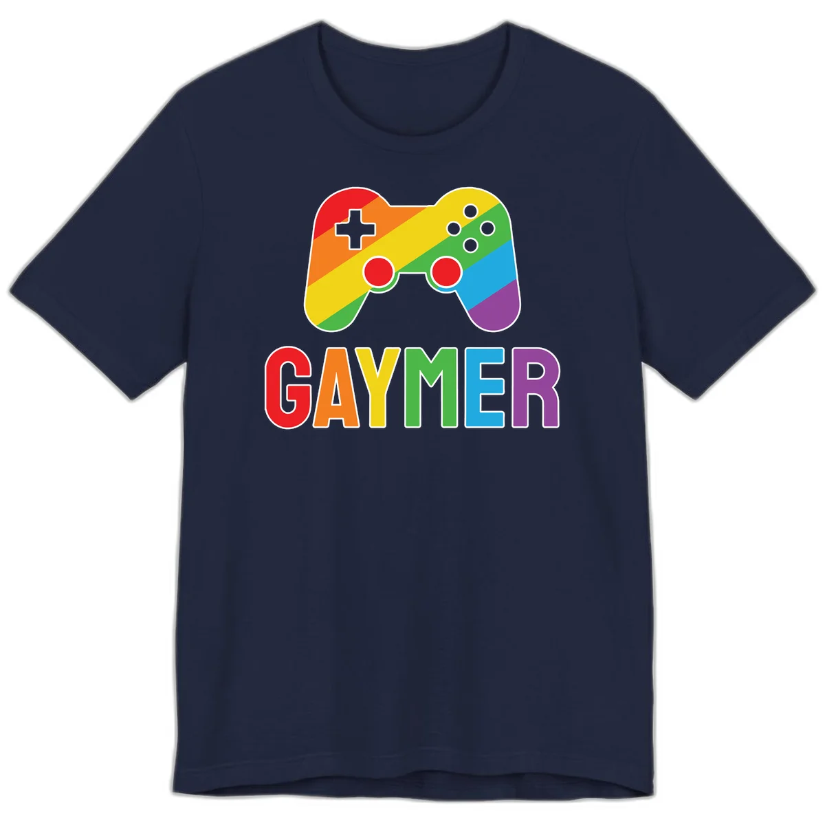 Rainbow gradient game controller with multicolored GAMER text below, featuring pride colors in diagonal stripes in Navy