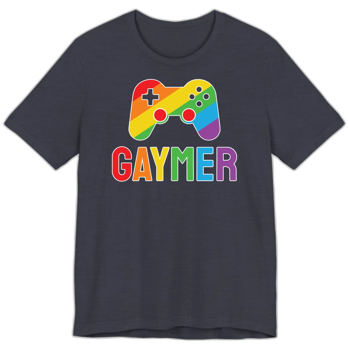 Rainbow gradient game controller with multicolored GAMER text below, featuring pride colors in diagonal stripes in Heather Midnight Navy