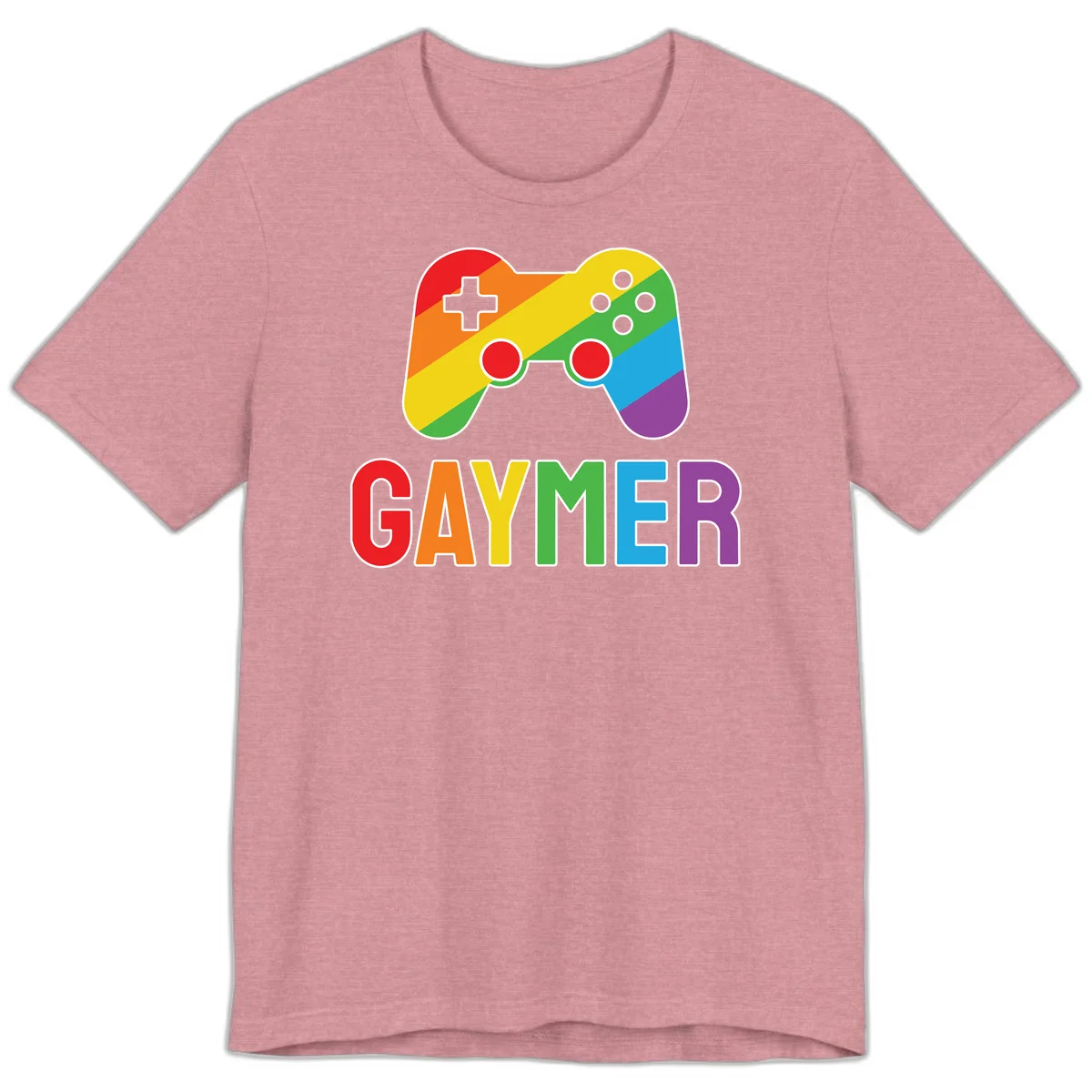 Rainbow gradient game controller with multicolored GAMER text below, featuring pride colors in diagonal stripes in Heather Orchid