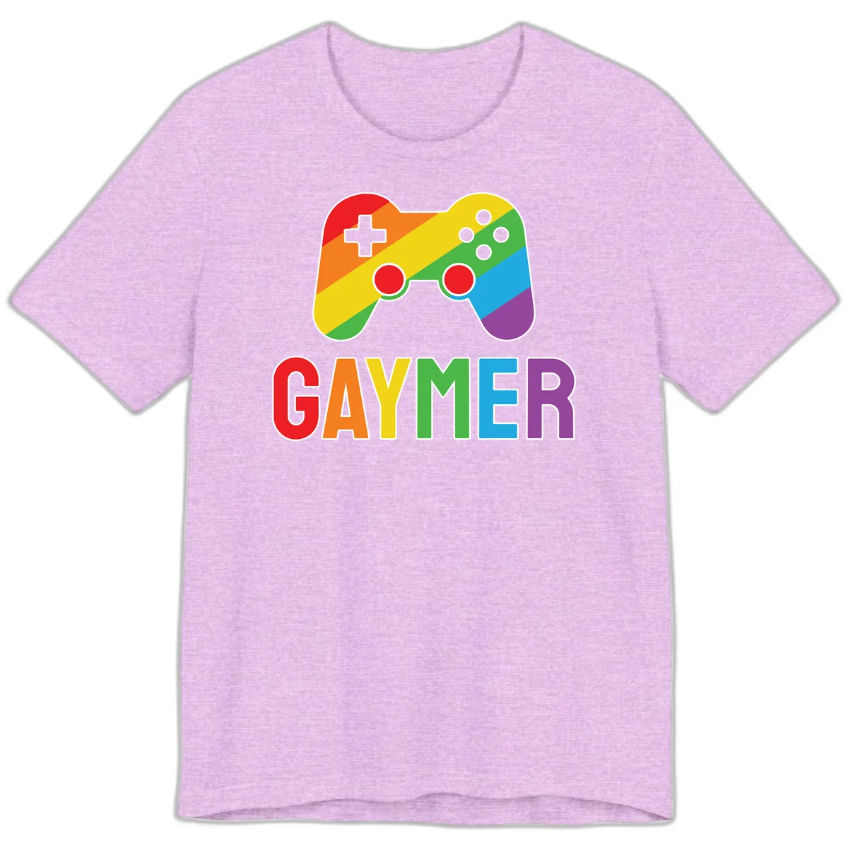 Rainbow gradient game controller with multicolored GAMER text below, featuring pride colors in diagonal stripes in Heather Prism Lilac