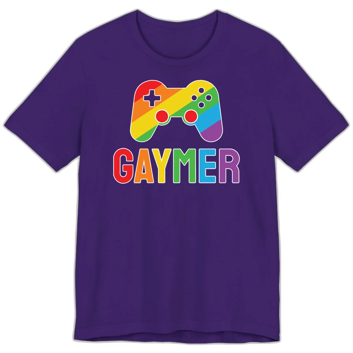 Rainbow gradient game controller with multicolored GAMER text below, featuring pride colors in diagonal stripes in Team Purple