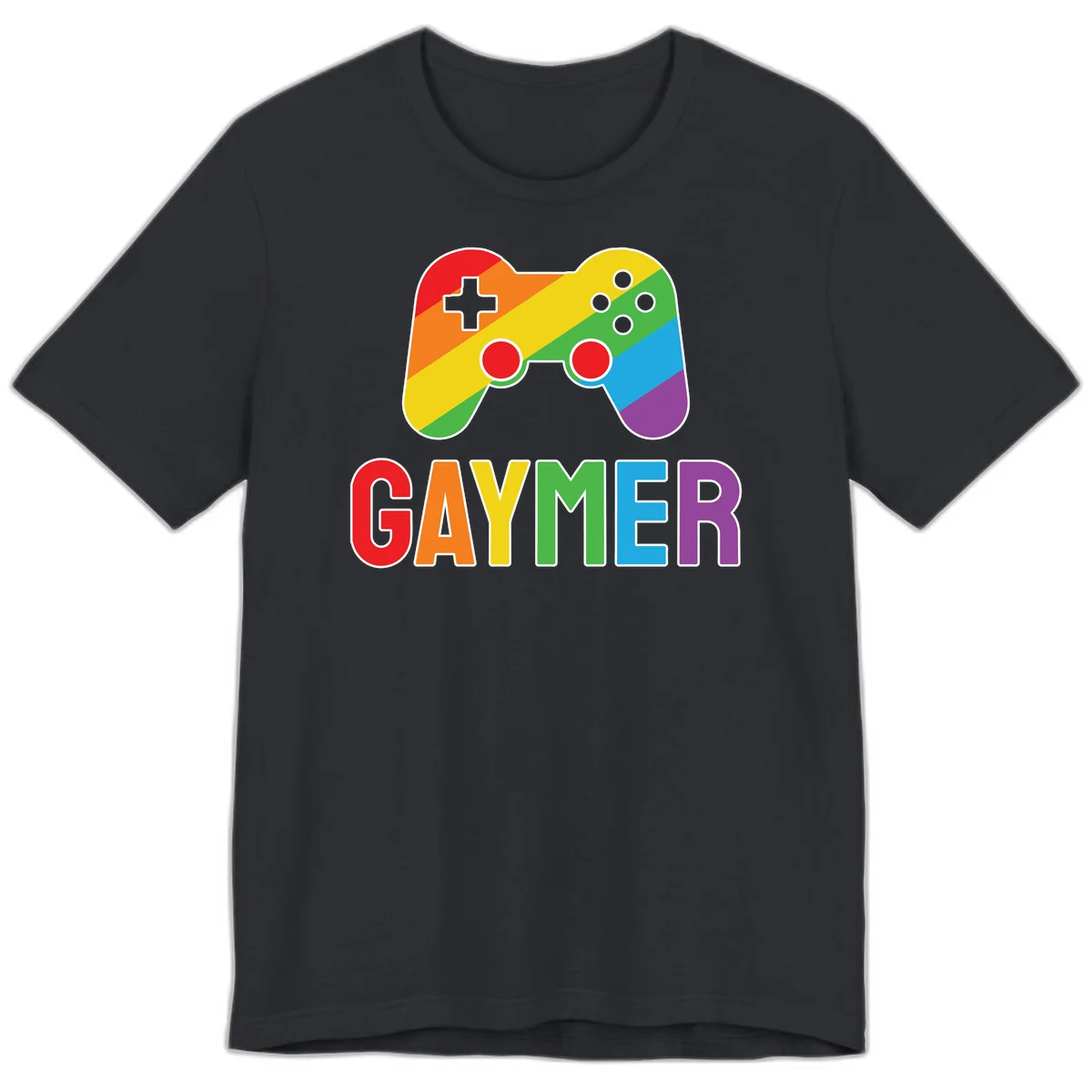 Rainbow gradient game controller with multicolored GAMER text below, featuring pride colors in diagonal stripes in Vintage Black