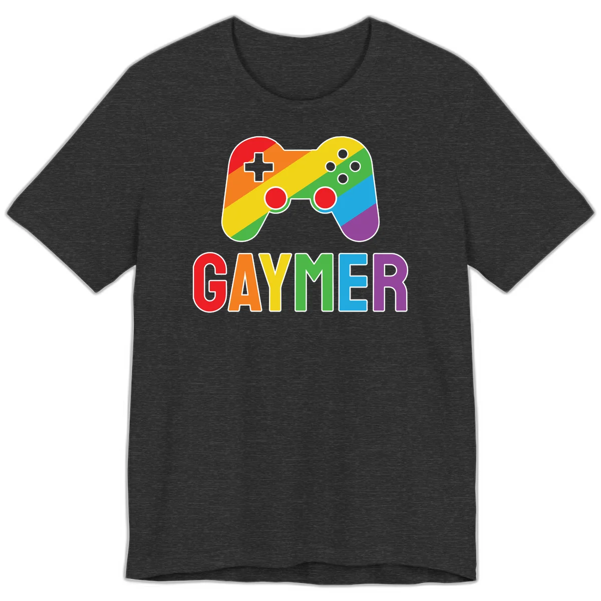 Rainbow gradient game controller with multicolored GAMER text below, featuring pride colors in diagonal stripes in Dark Grey Heather