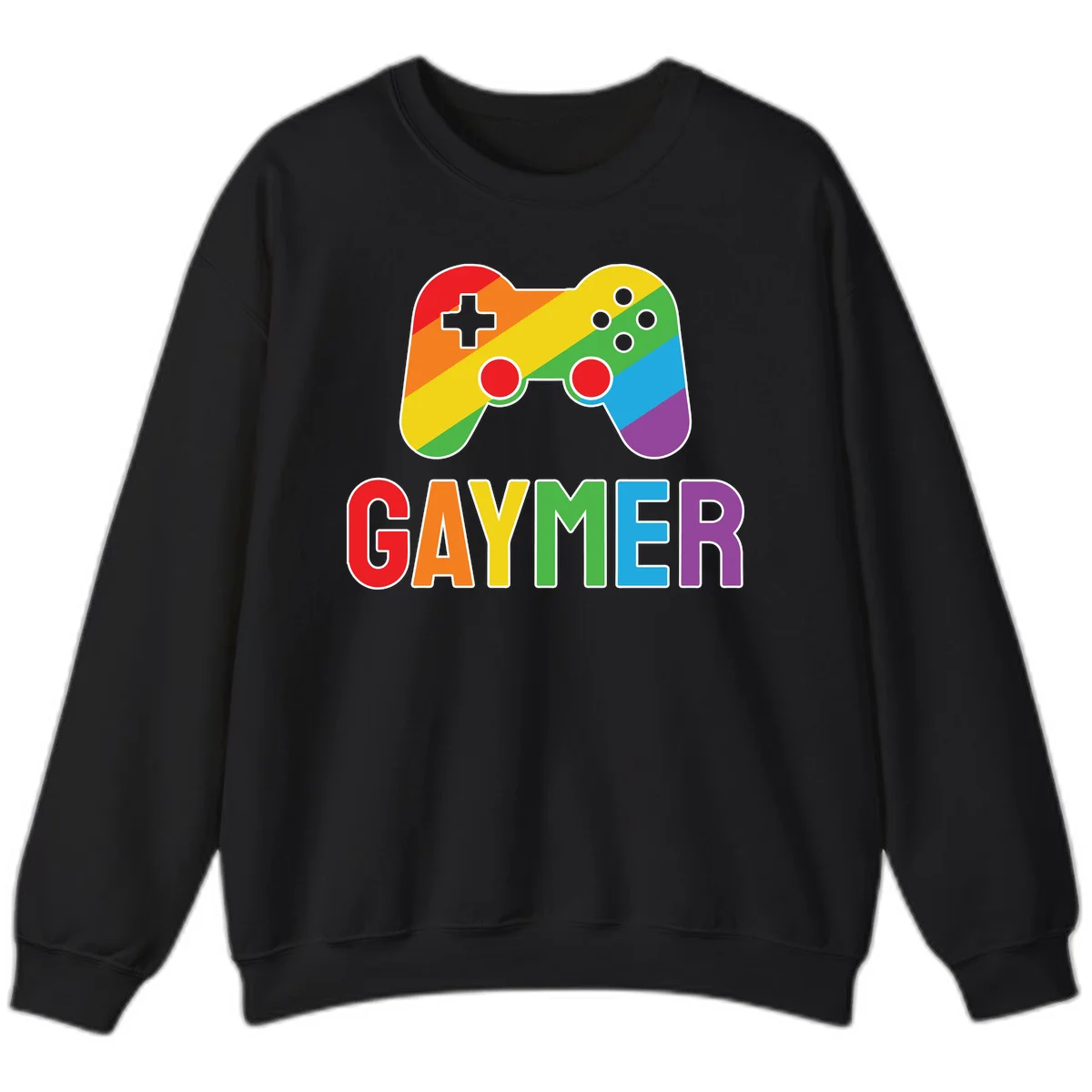 Rainbow gradient game controller with multicolored GAMER text below, featuring pride colors in diagonal stripes in Black