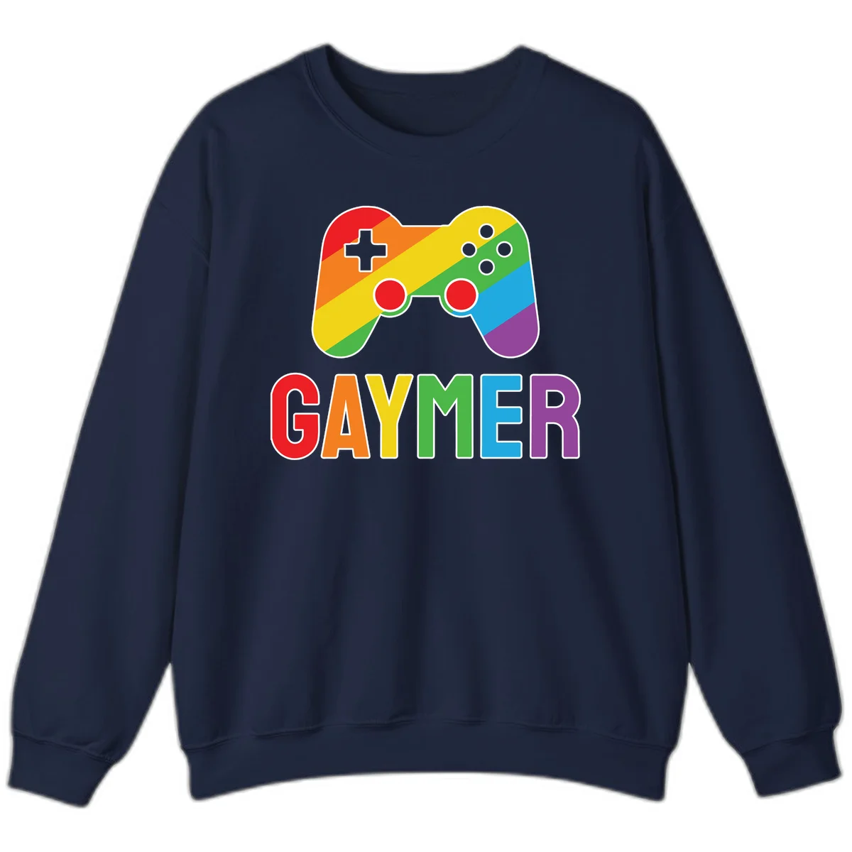 Rainbow gradient game controller with multicolored GAMER text below, featuring pride colors in diagonal stripes in Navy