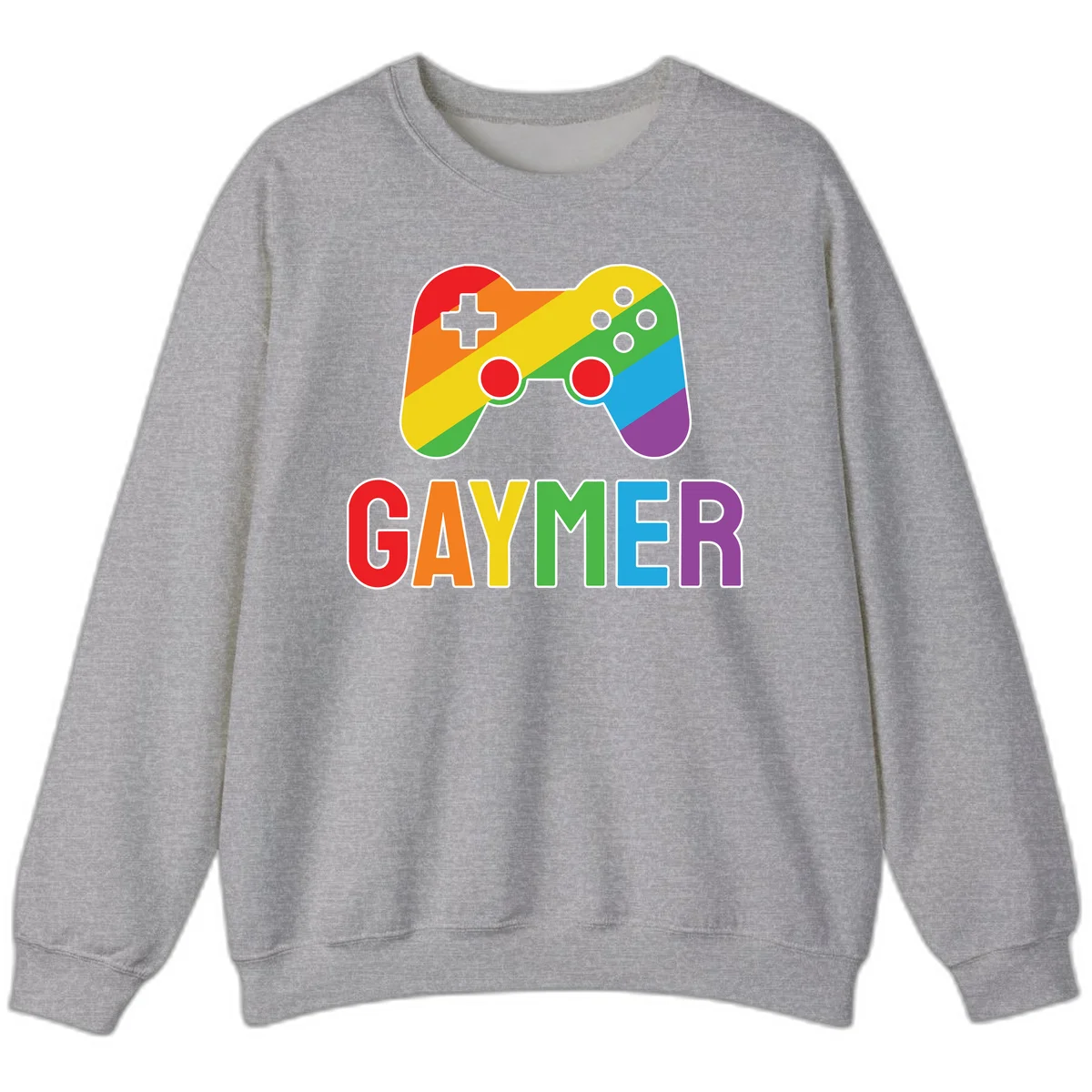 Rainbow gradient game controller with multicolored GAMER text below, featuring pride colors in diagonal stripes in Sport Grey