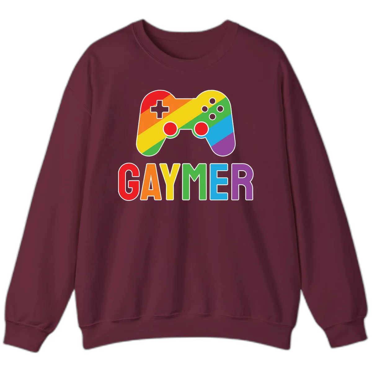 Rainbow gradient game controller with multicolored GAMER text below, featuring pride colors in diagonal stripes in Maroon