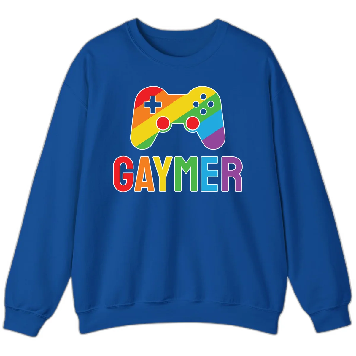Rainbow gradient game controller with multicolored GAMER text below, featuring pride colors in diagonal stripes in Royal