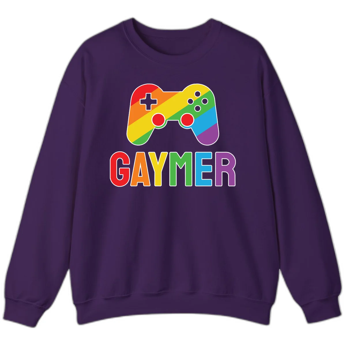 Rainbow gradient game controller with multicolored GAMER text below, featuring pride colors in diagonal stripes in Purple