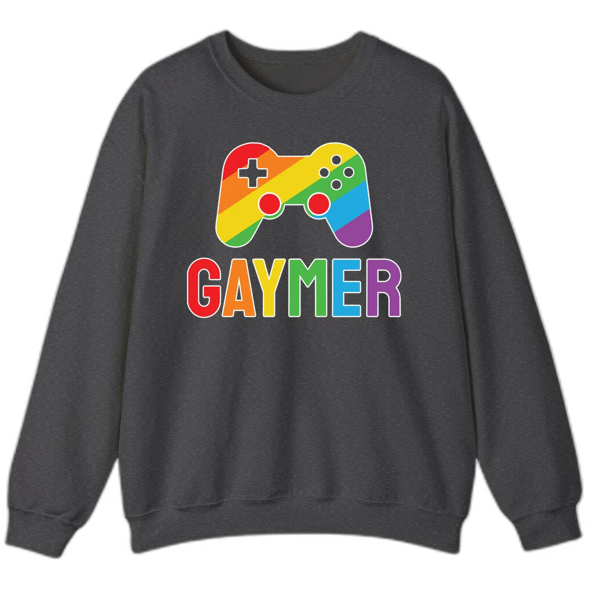 Rainbow gradient game controller with multicolored GAMER text below, featuring pride colors in diagonal stripes in Dark Heather