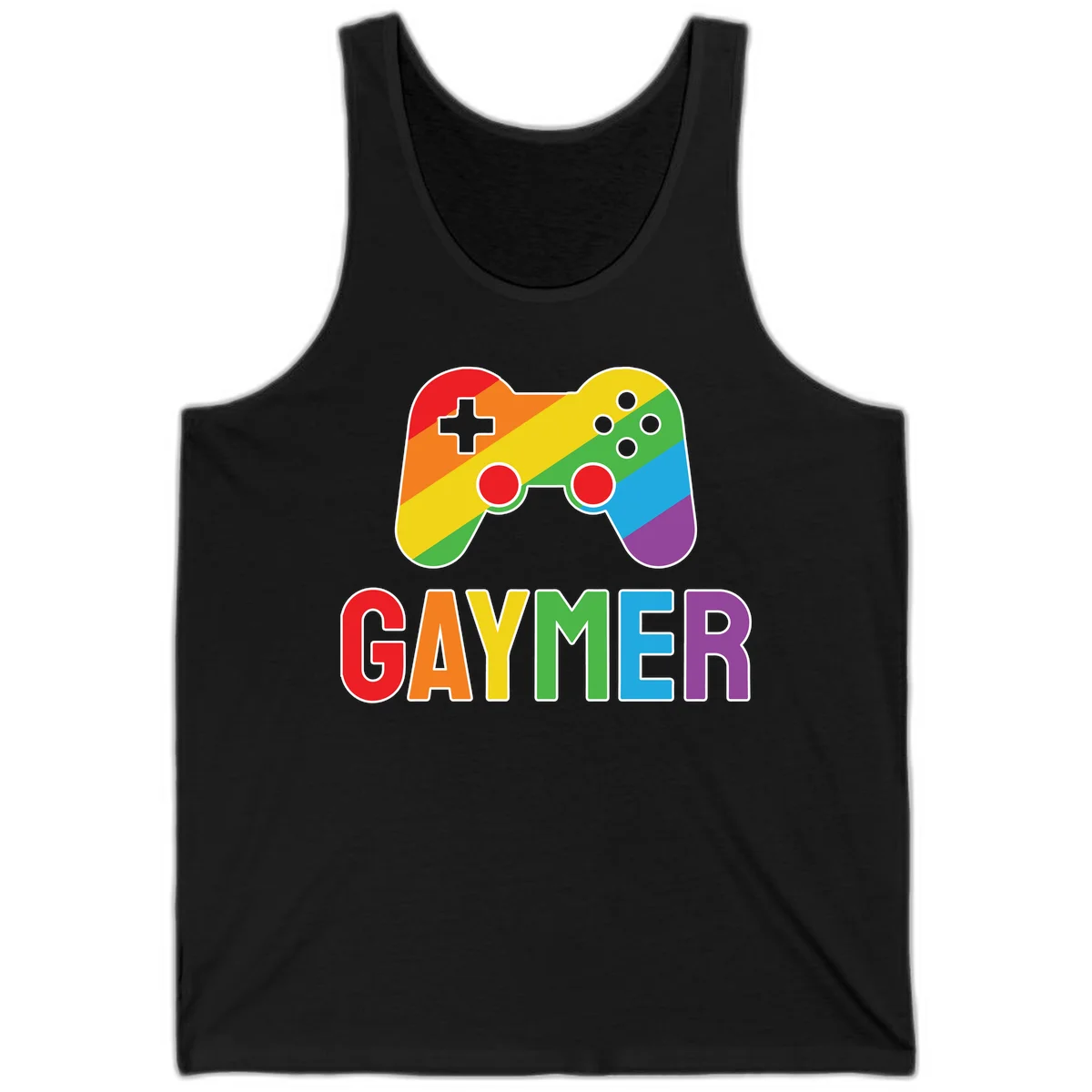 Rainbow gradient game controller with multicolored GAMER text below, featuring pride colors in diagonal stripes in Black