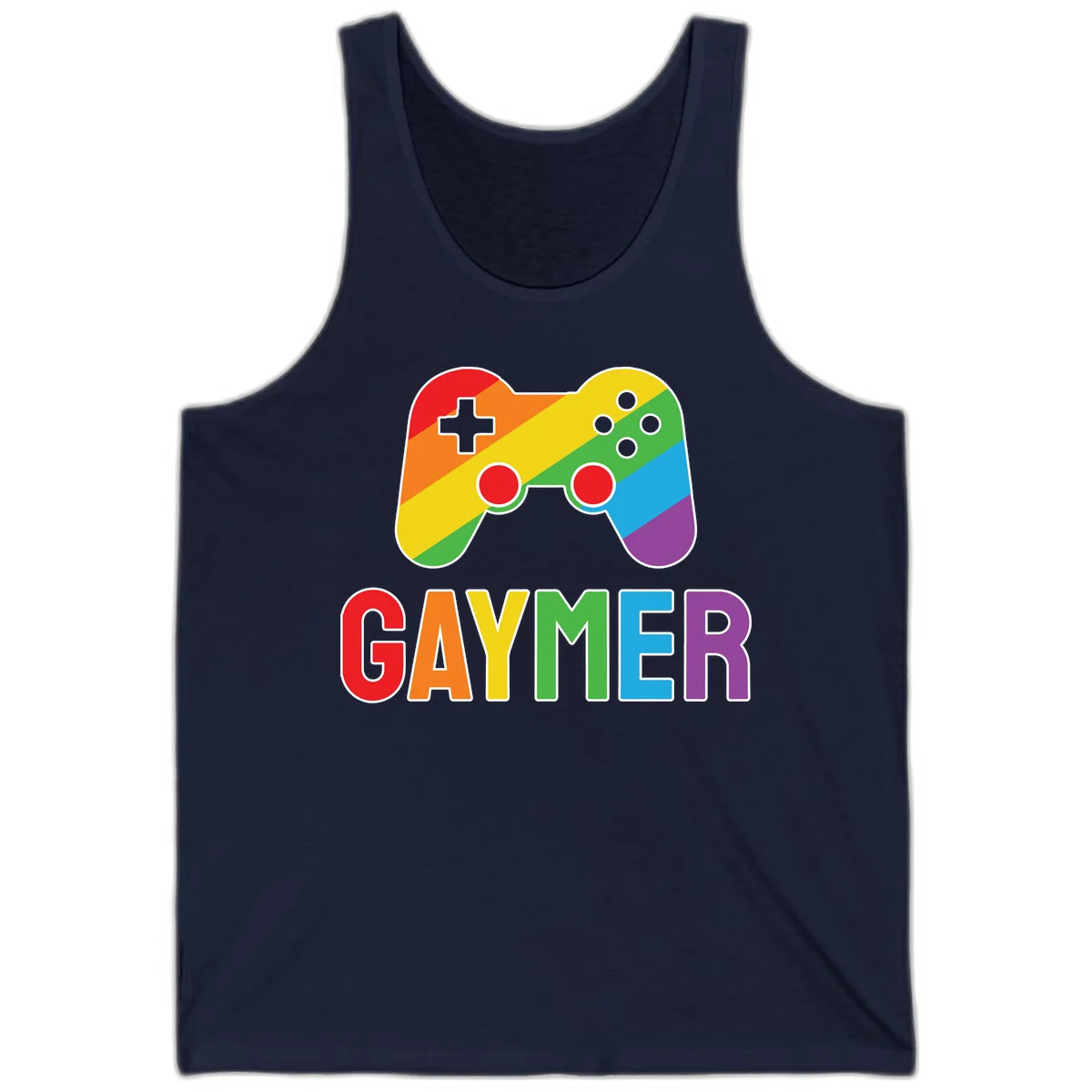 Rainbow gradient game controller with multicolored GAMER text below, featuring pride colors in diagonal stripes in Navy