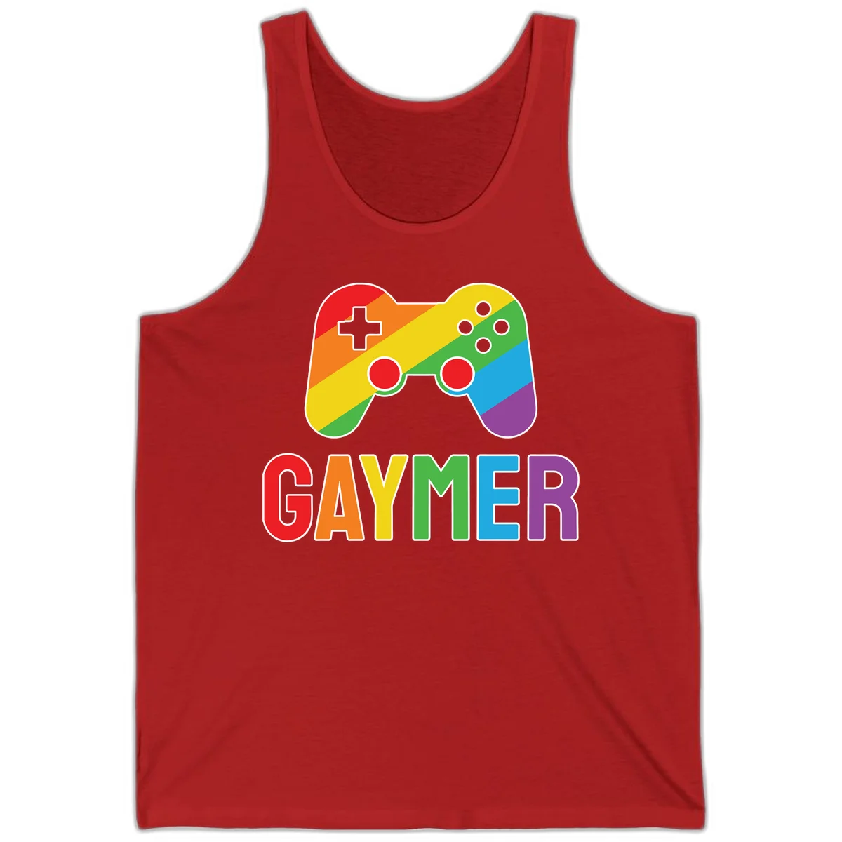 Rainbow gradient game controller with multicolored GAMER text below, featuring pride colors in diagonal stripes in Red