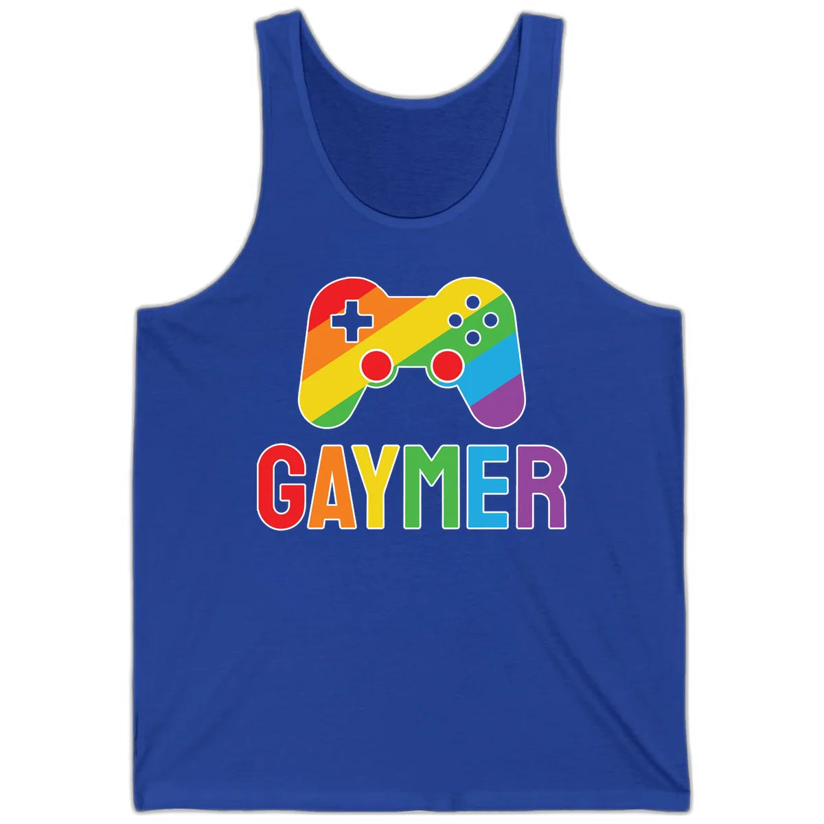 Rainbow gradient game controller with multicolored GAMER text below, featuring pride colors in diagonal stripes in True Royal
