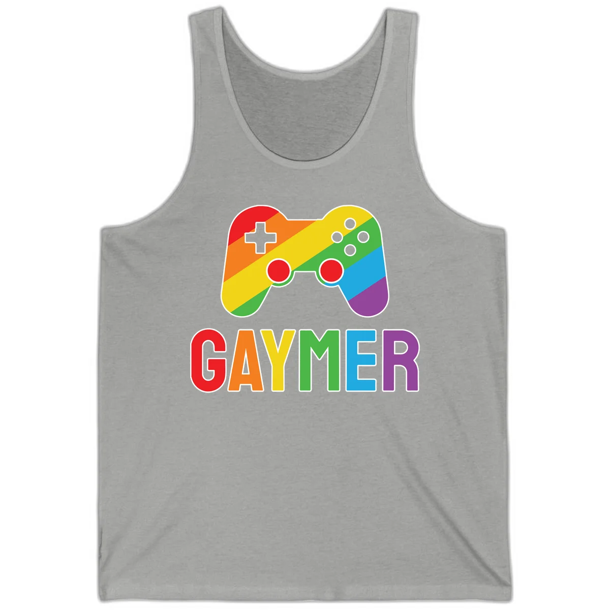 Rainbow gradient game controller with multicolored GAMER text below, featuring pride colors in diagonal stripes in Athletic Heather