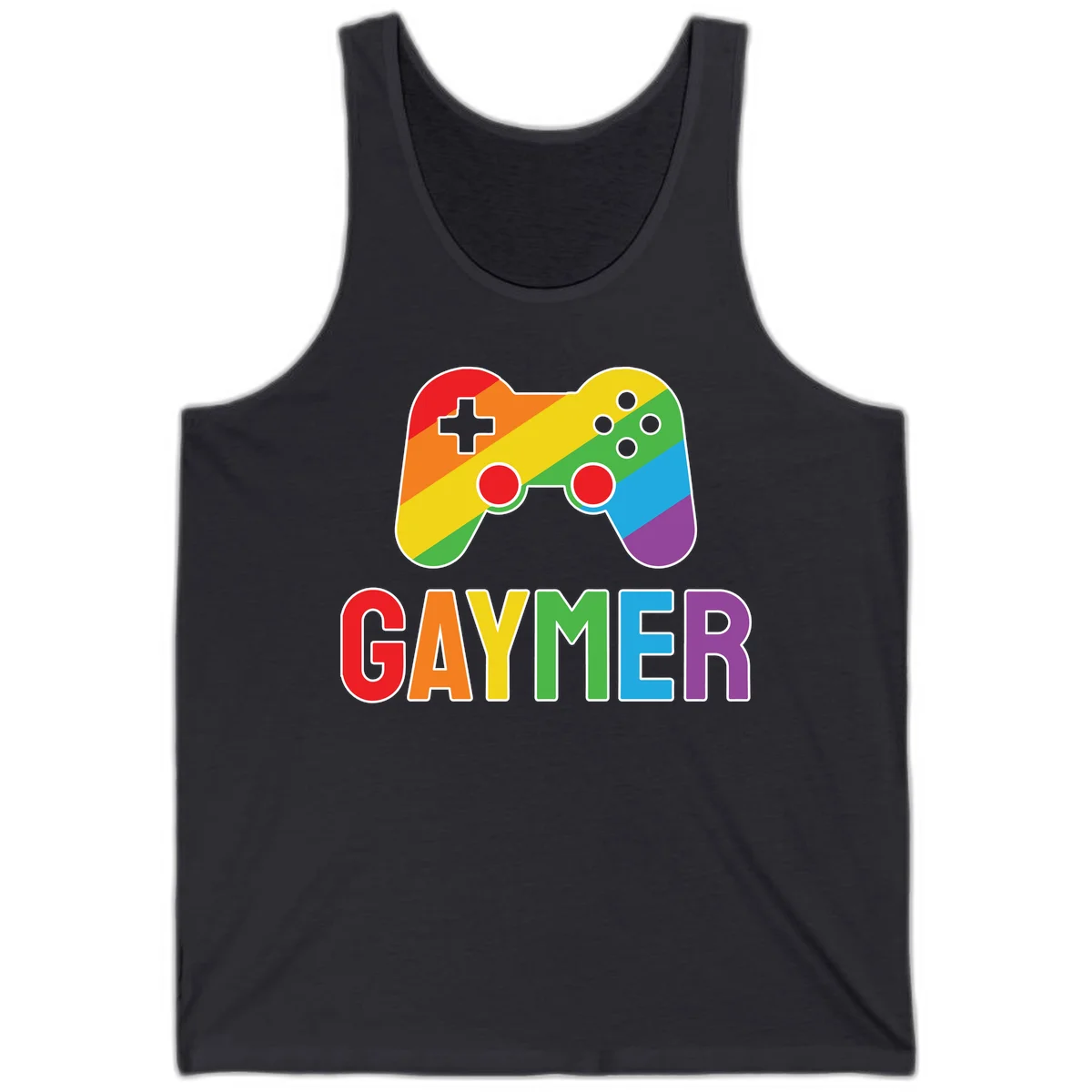 Rainbow gradient game controller with multicolored GAMER text below, featuring pride colors in diagonal stripes in Dark Grey