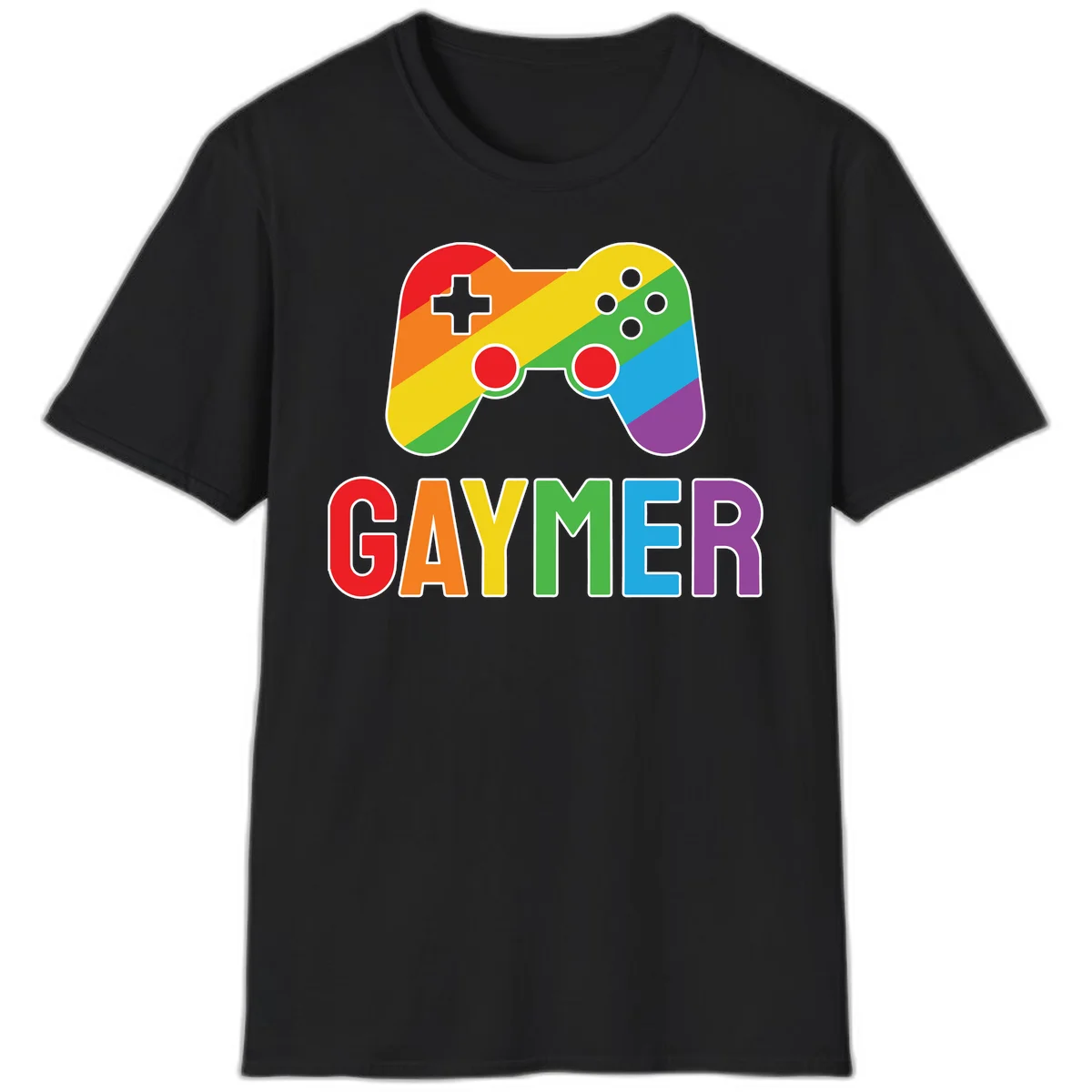 Rainbow gradient game controller with multicolored GAMER text below, featuring pride colors in diagonal stripes in Black