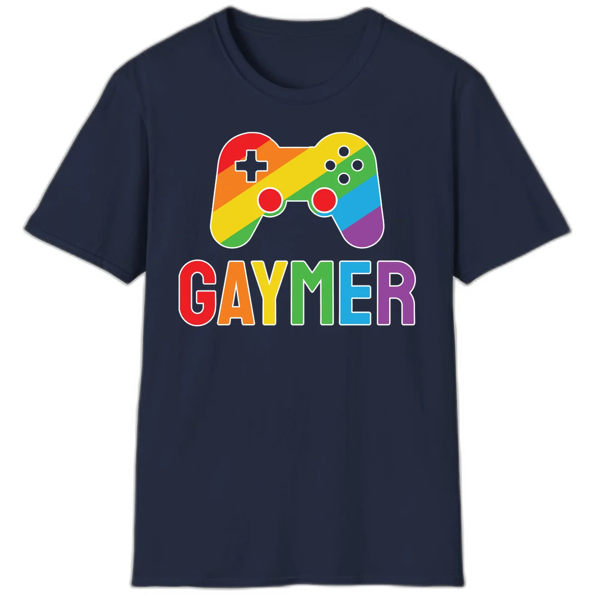 Rainbow gradient game controller with multicolored GAMER text below, featuring pride colors in diagonal stripes in Navy