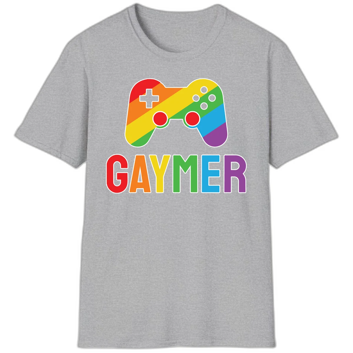 Rainbow gradient game controller with multicolored GAMER text below, featuring pride colors in diagonal stripes in Sport Grey