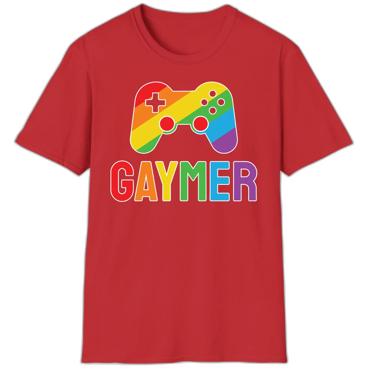 Rainbow gradient game controller with multicolored GAMER text below, featuring pride colors in diagonal stripes in Red