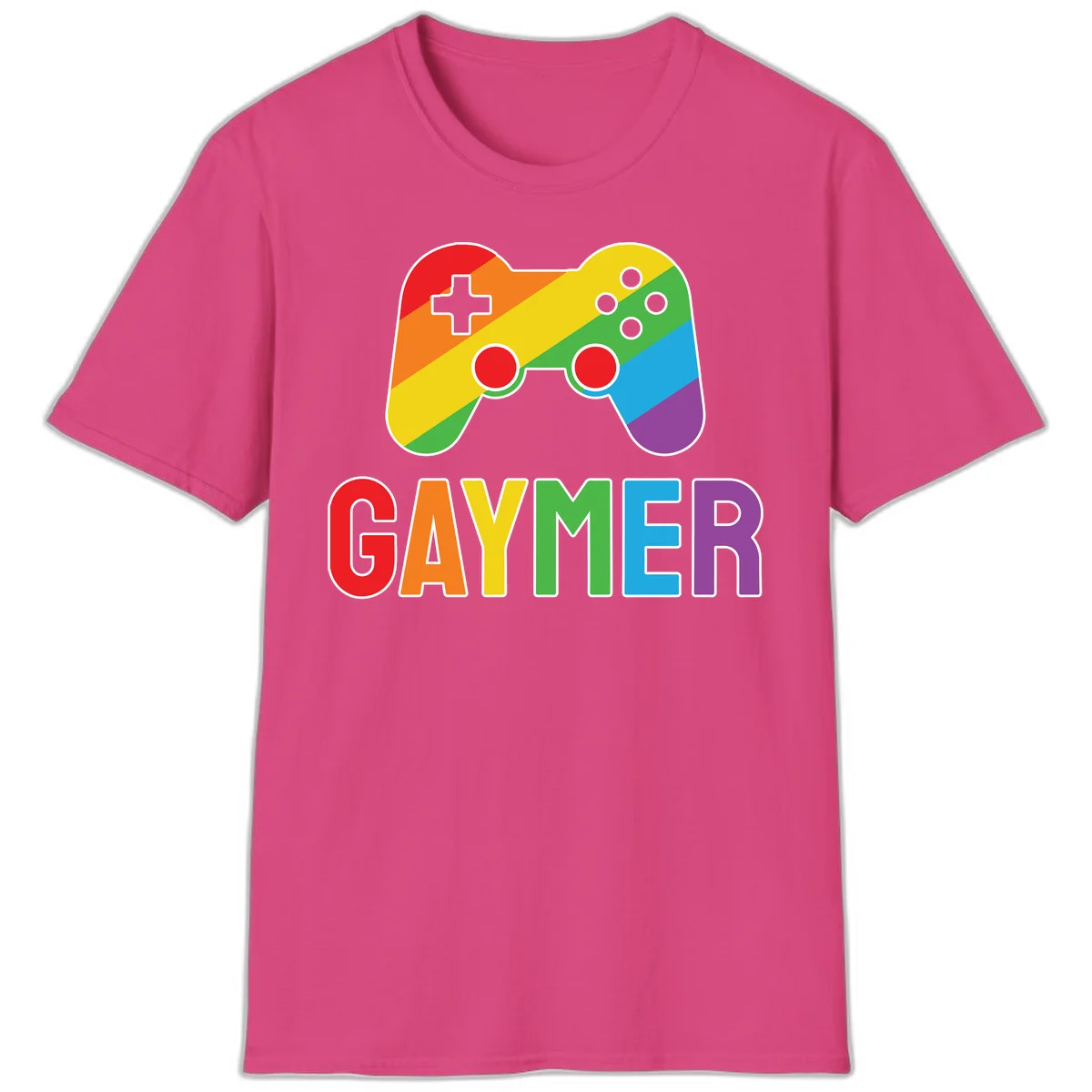 Rainbow gradient game controller with multicolored GAMER text below, featuring pride colors in diagonal stripes in Heliconia