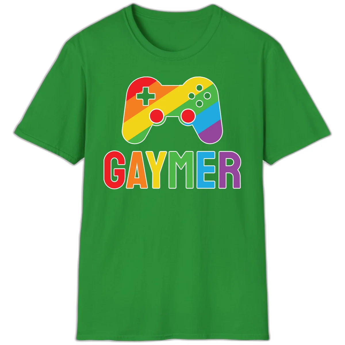 Rainbow gradient game controller with multicolored GAMER text below, featuring pride colors in diagonal stripes in Irish Green