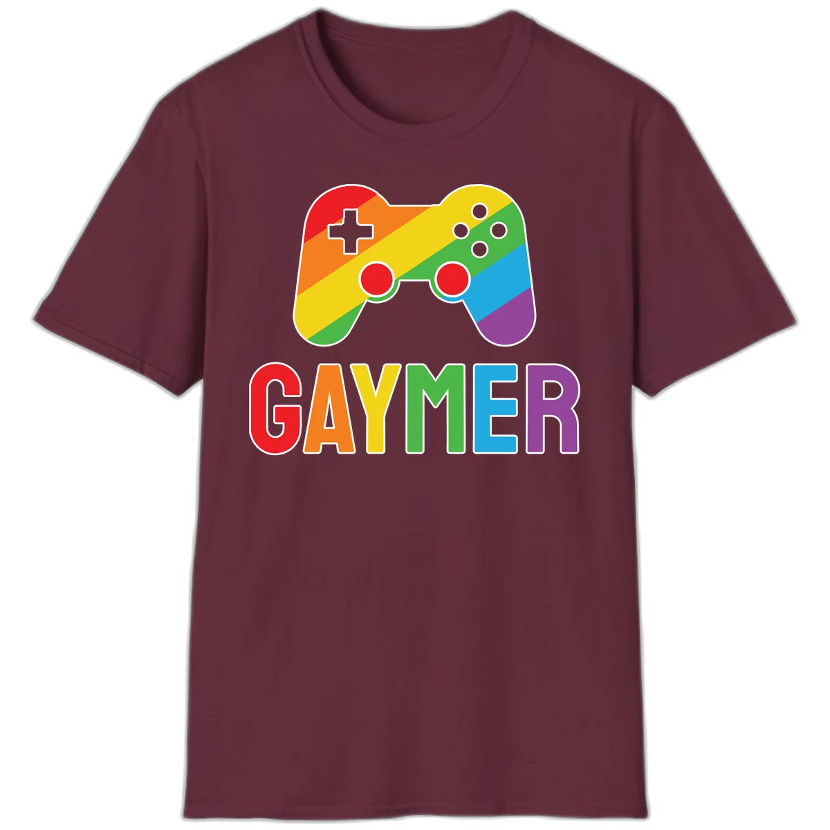 Rainbow gradient game controller with multicolored GAMER text below, featuring pride colors in diagonal stripes in Maroon