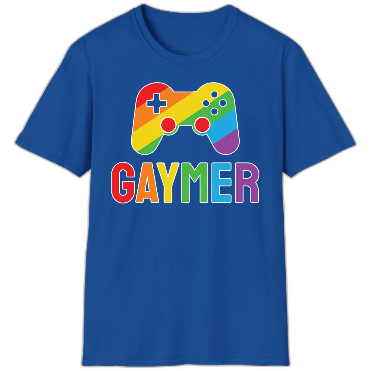 Rainbow gradient game controller with multicolored GAMER text below, featuring pride colors in diagonal stripes in Royal
