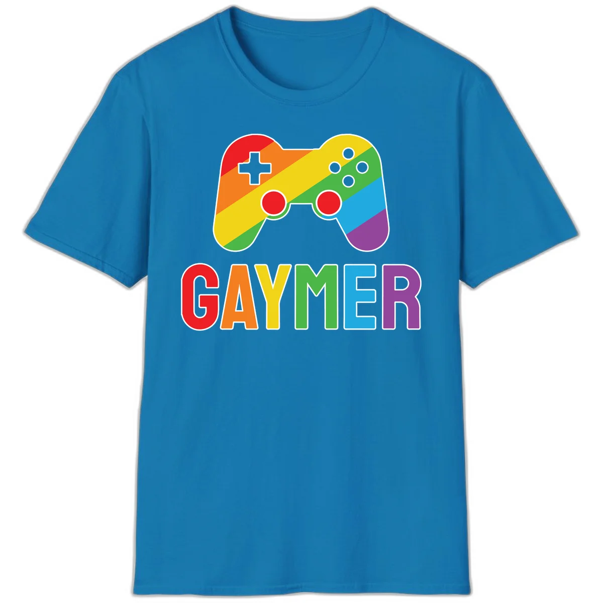 Rainbow gradient game controller with multicolored GAMER text below, featuring pride colors in diagonal stripes in Sapphire