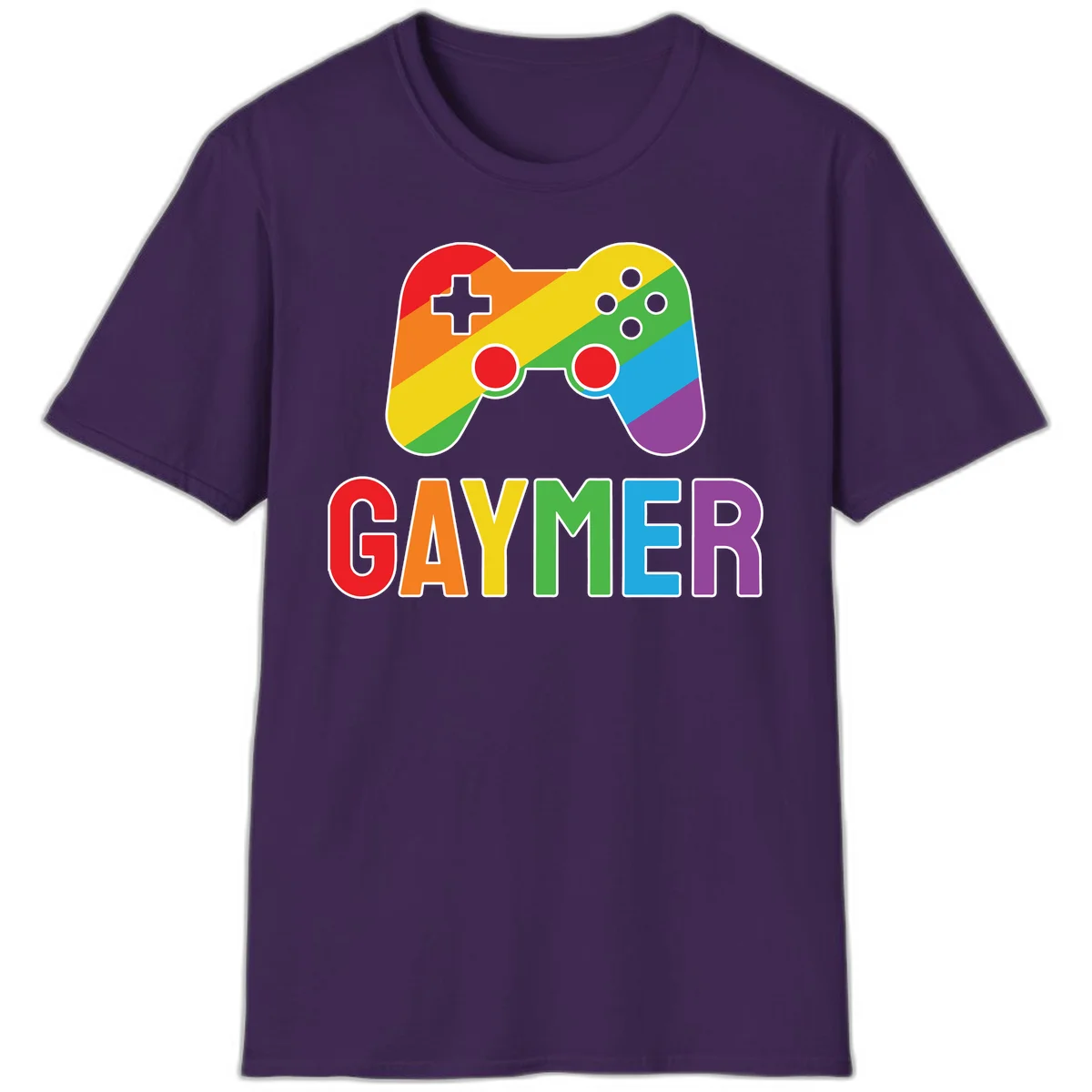 Rainbow gradient game controller with multicolored GAMER text below, featuring pride colors in diagonal stripes in Purple