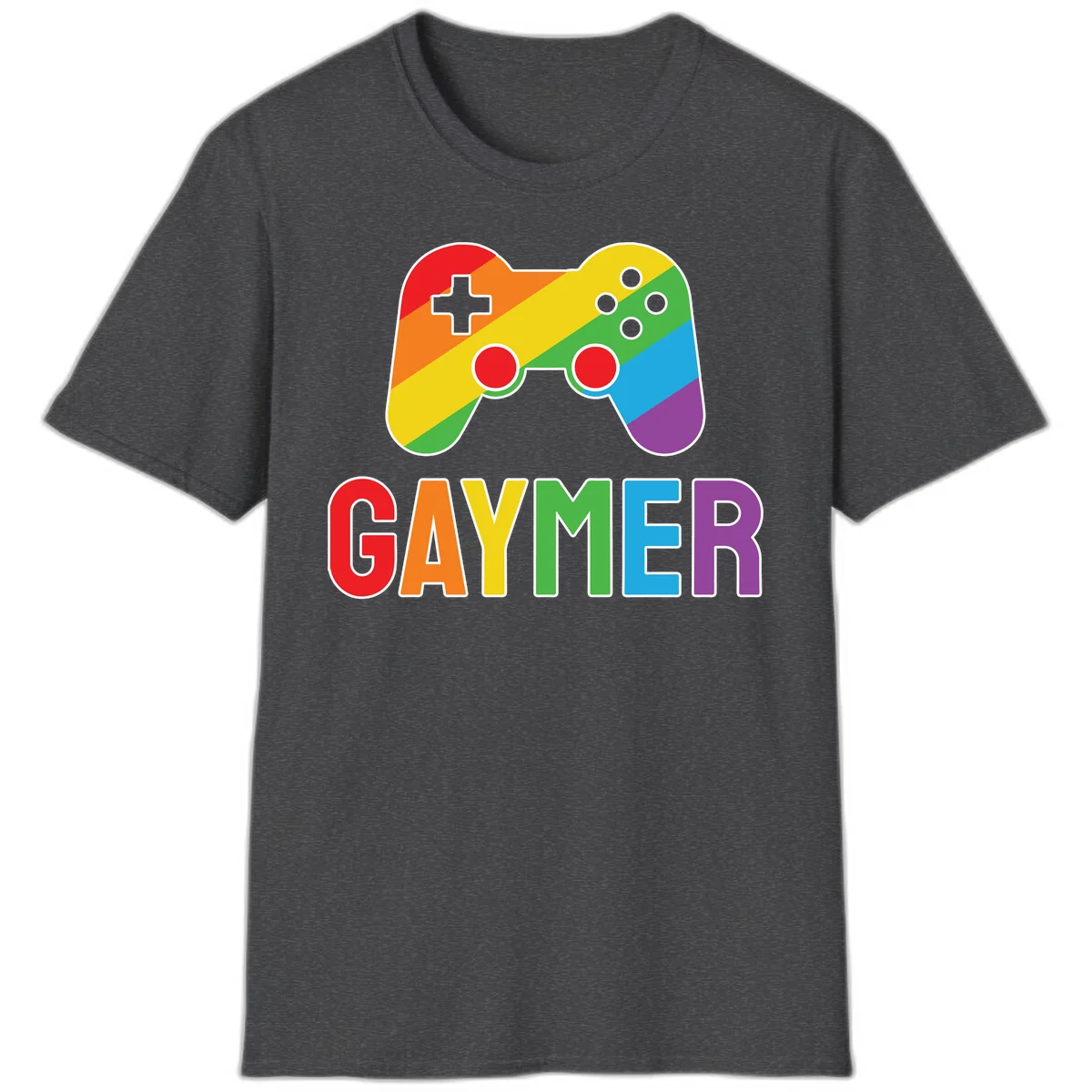 Rainbow gradient game controller with multicolored GAMER text below, featuring pride colors in diagonal stripes in Dark Heather