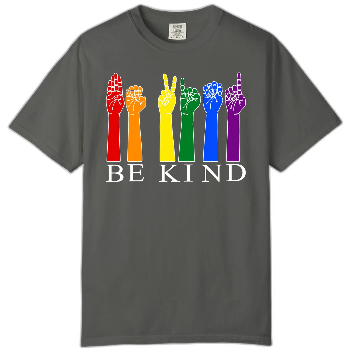 Six rainbow-colored raised hands in red, orange, yellow, green, blue, and purple with white line details and 'BE KIND' text below in Pepper