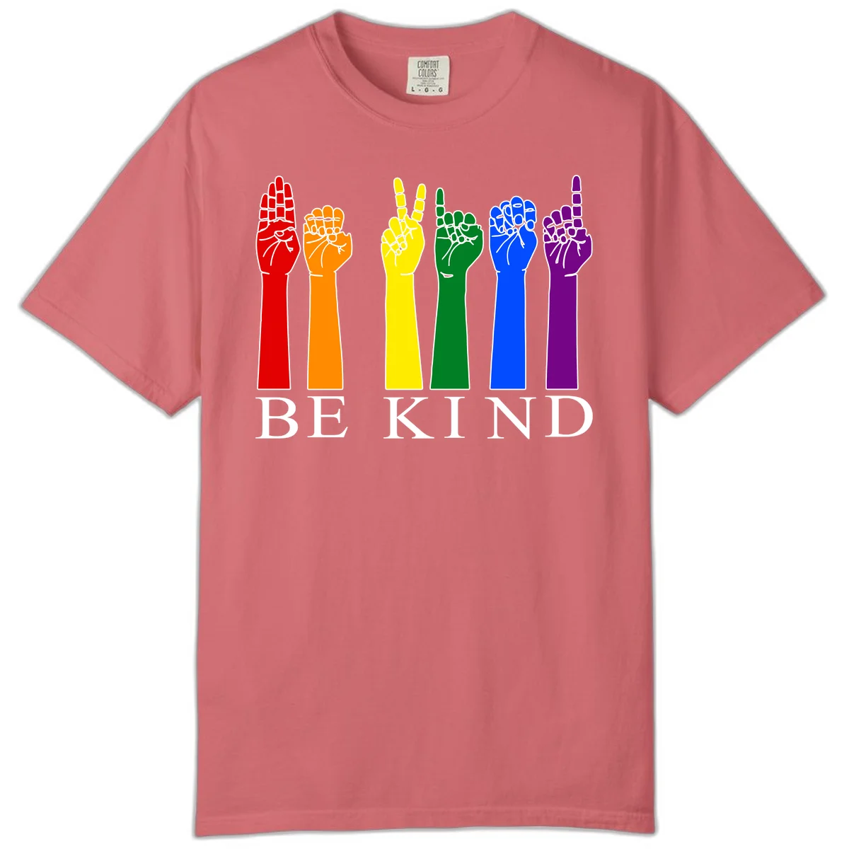 Six rainbow-colored raised hands in red, orange, yellow, green, blue, and purple with white line details and 'BE KIND' text below in Watermelon