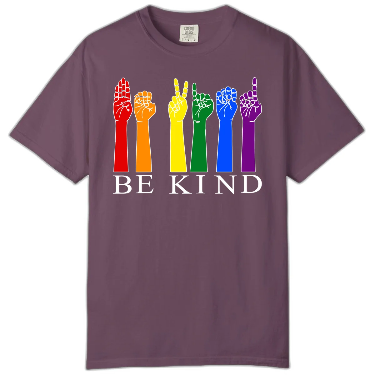 Six rainbow-colored raised hands in red, orange, yellow, green, blue, and purple with white line details and 'BE KIND' text below in Berry