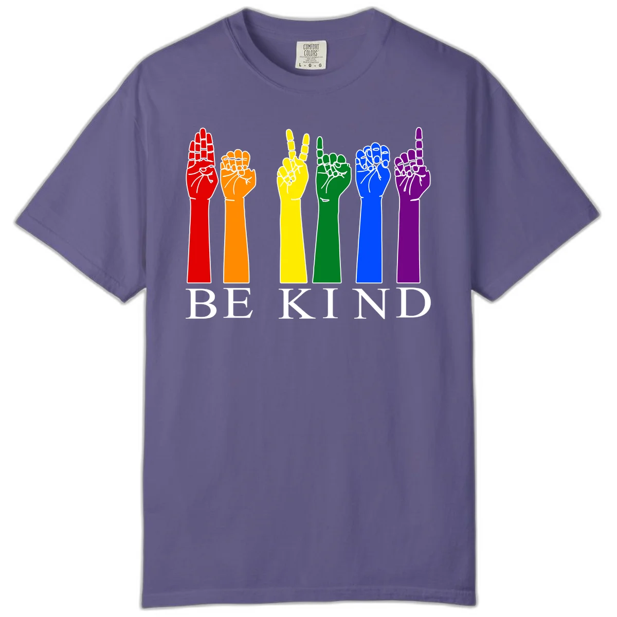Six rainbow-colored raised hands in red, orange, yellow, green, blue, and purple with white line details and 'BE KIND' text below in Grape