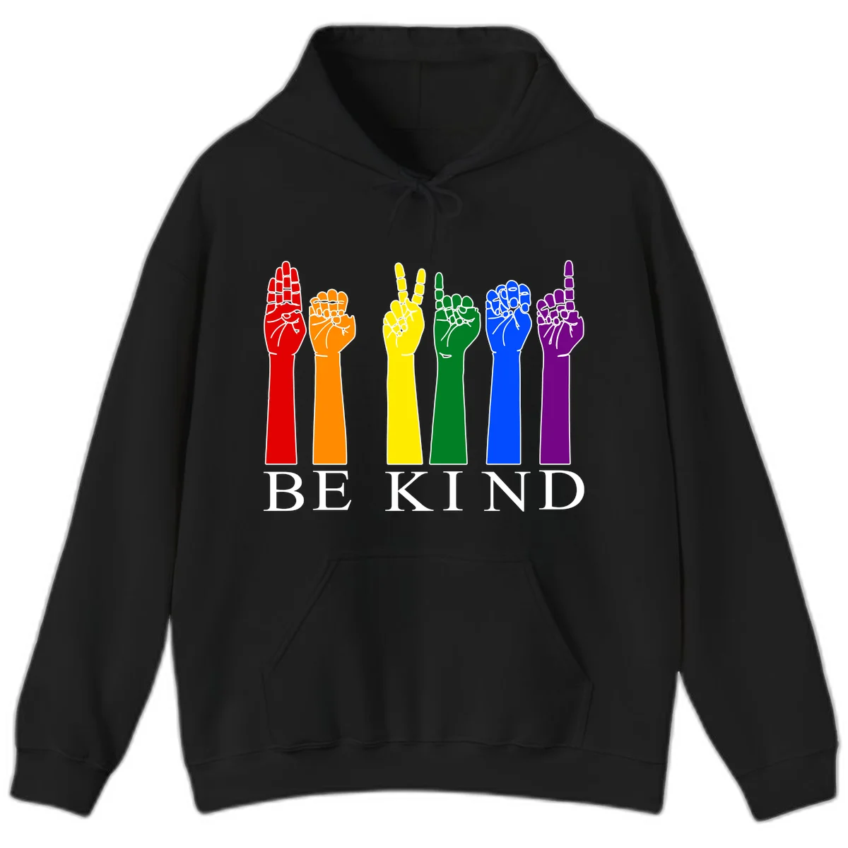 Six rainbow-colored raised hands in red, orange, yellow, green, blue, and purple with white line details and 'BE KIND' text below in Black