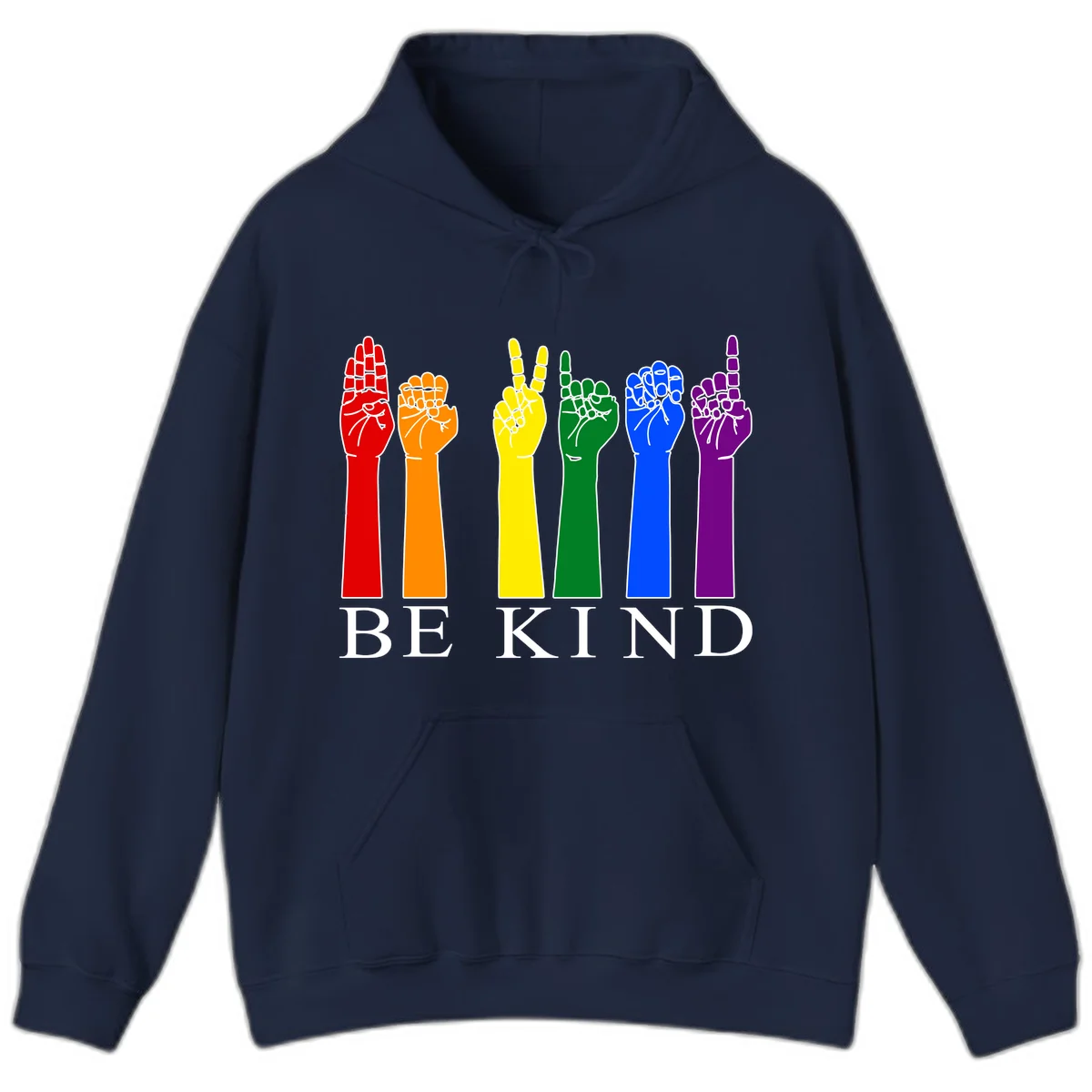 Six rainbow-colored raised hands in red, orange, yellow, green, blue, and purple with white line details and 'BE KIND' text below in Navy