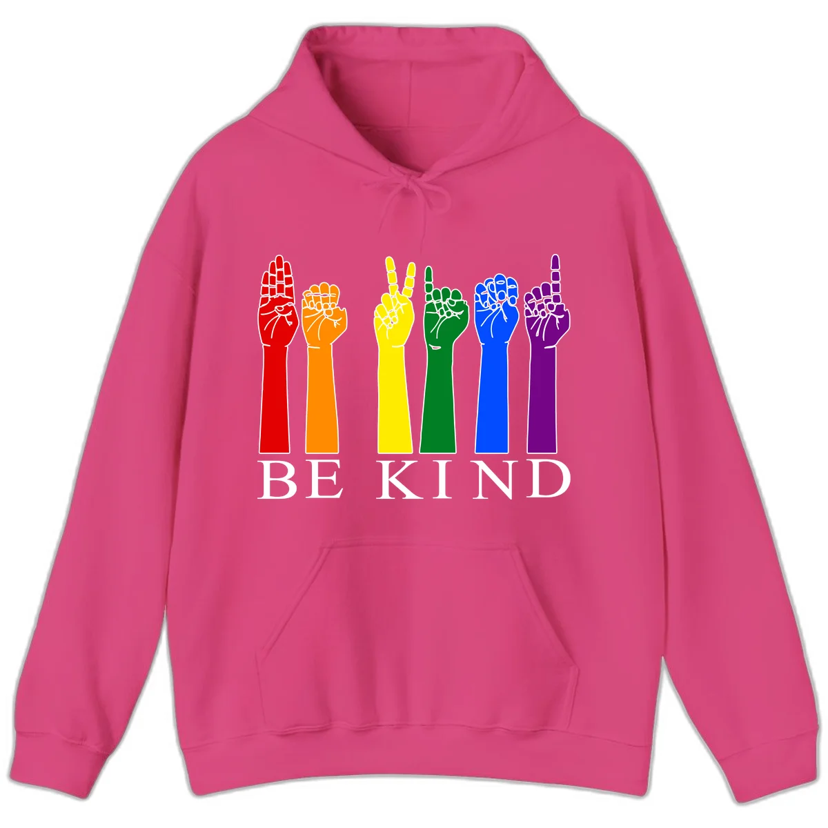 Six rainbow-colored raised hands in red, orange, yellow, green, blue, and purple with white line details and 'BE KIND' text below in Heliconia