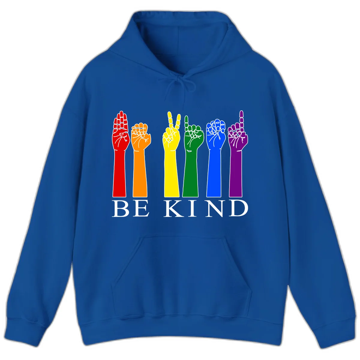 Six rainbow-colored raised hands in red, orange, yellow, green, blue, and purple with white line details and 'BE KIND' text below in Royal