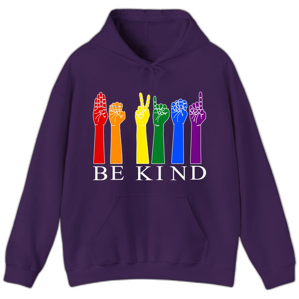 Six rainbow-colored raised hands in red, orange, yellow, green, blue, and purple with white line details and 'BE KIND' text below in Purple