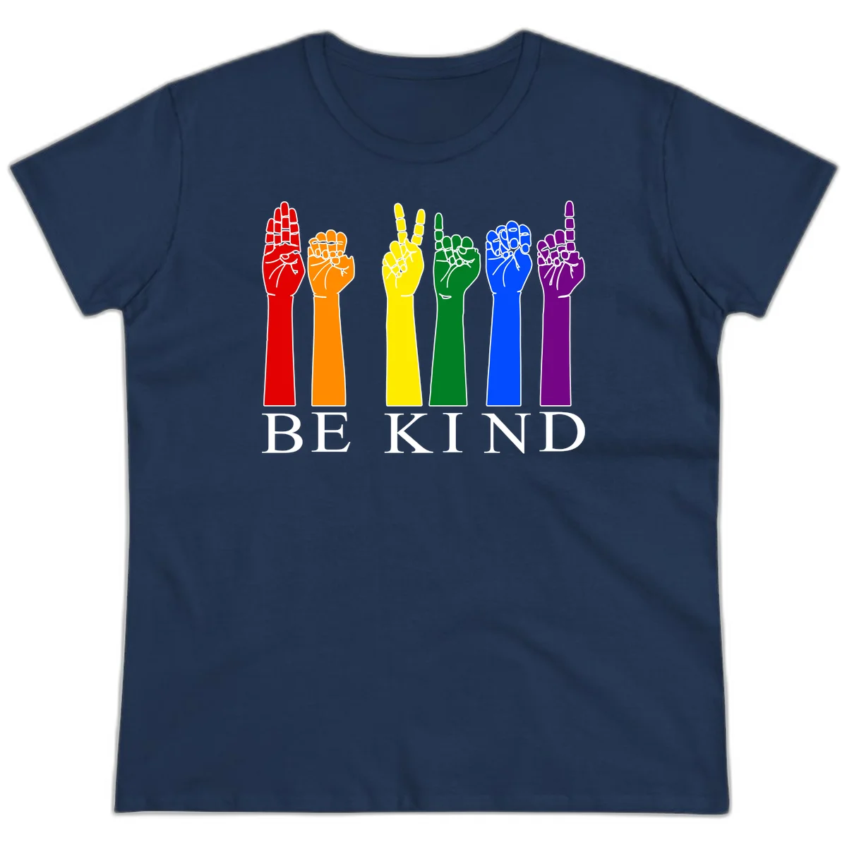 Six rainbow-colored raised hands in red, orange, yellow, green, blue, and purple with white line details and 'BE KIND' text below in Navy