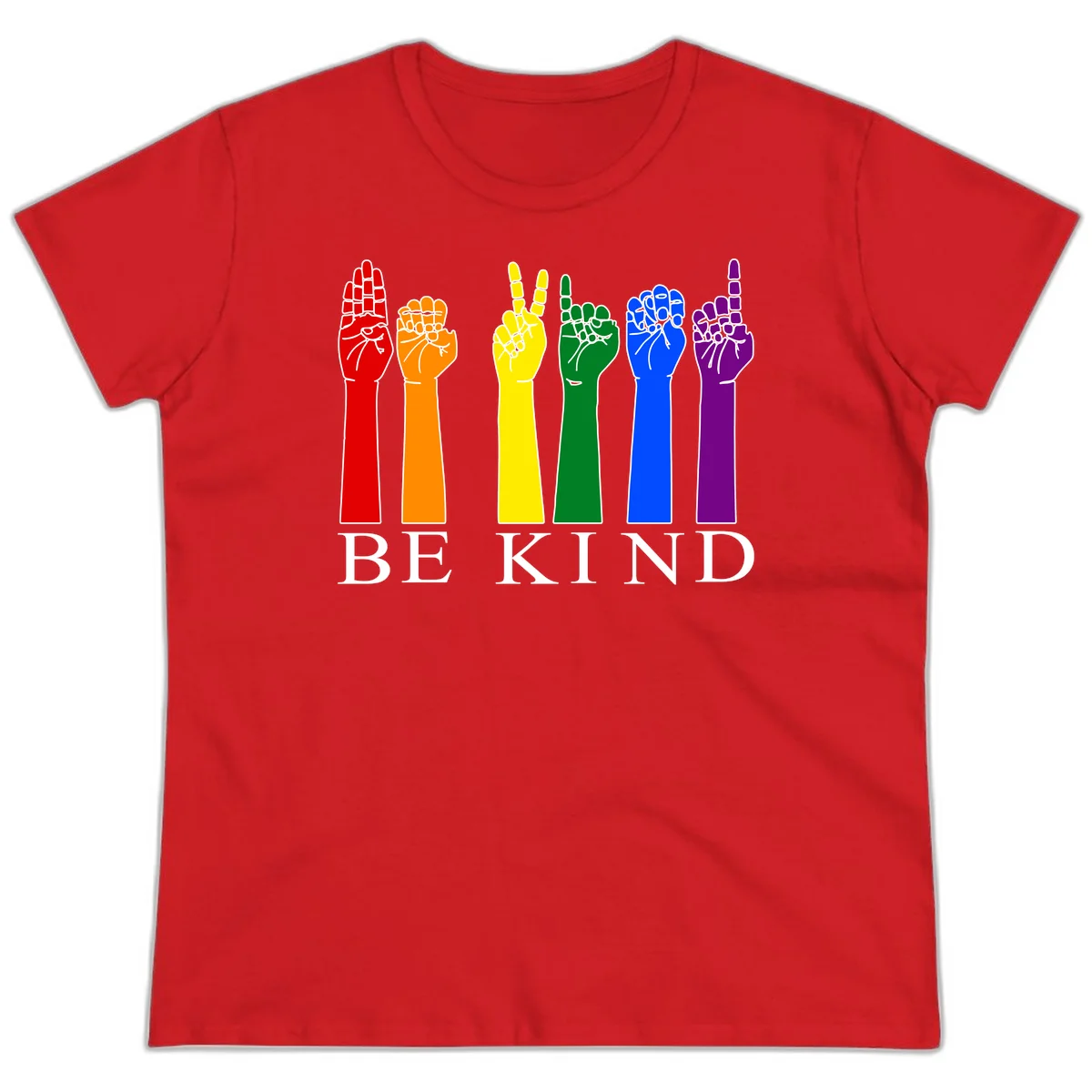 Six rainbow-colored raised hands in red, orange, yellow, green, blue, and purple with white line details and 'BE KIND' text below in Red