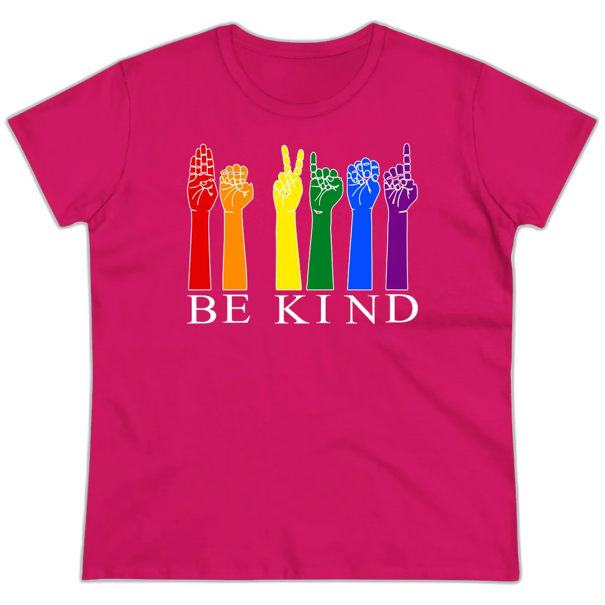 Six rainbow-colored raised hands in red, orange, yellow, green, blue, and purple with white line details and 'BE KIND' text below in Heliconia