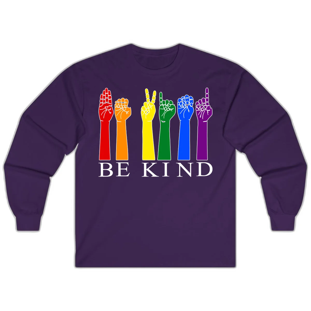 Six rainbow-colored raised hands in red, orange, yellow, green, blue, and purple with white line details and 'BE KIND' text below in Purple