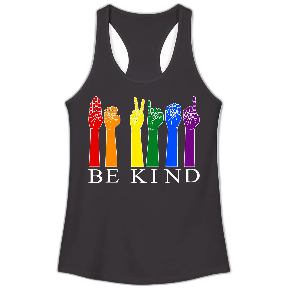 Six rainbow-colored raised hands in red, orange, yellow, green, blue, and purple with white line details and 'BE KIND' text below in Black